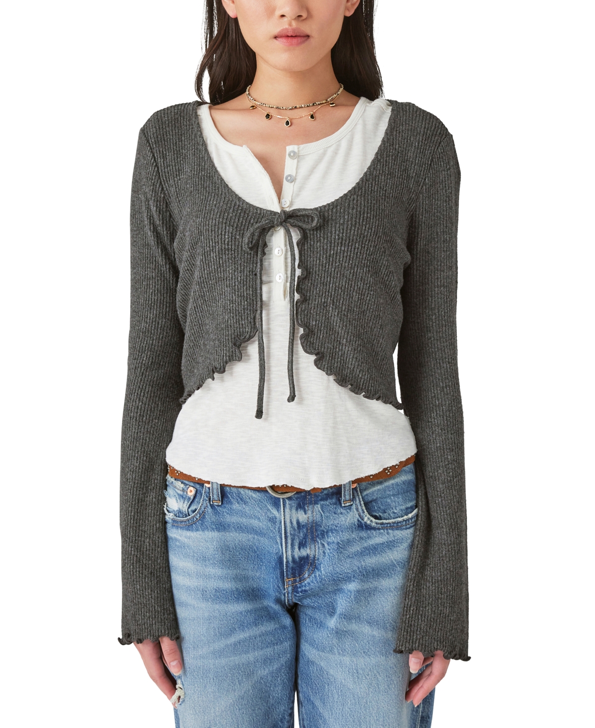 Women's Cloud Ribbed Tie-Front Cardigan - Charcoal Heather