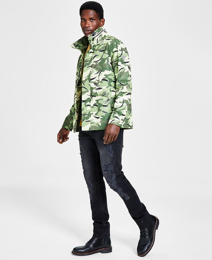 GUESS Men's Technical Camouflage Raincoat with Removable Hood - Macy's