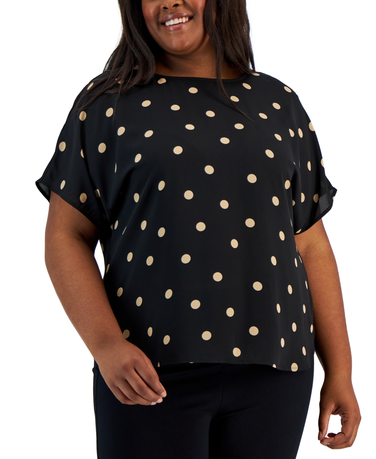 Anne Klein Plus Size Dot-print Bateau-neck Short-sleeve Blouse In Anne Black,latte