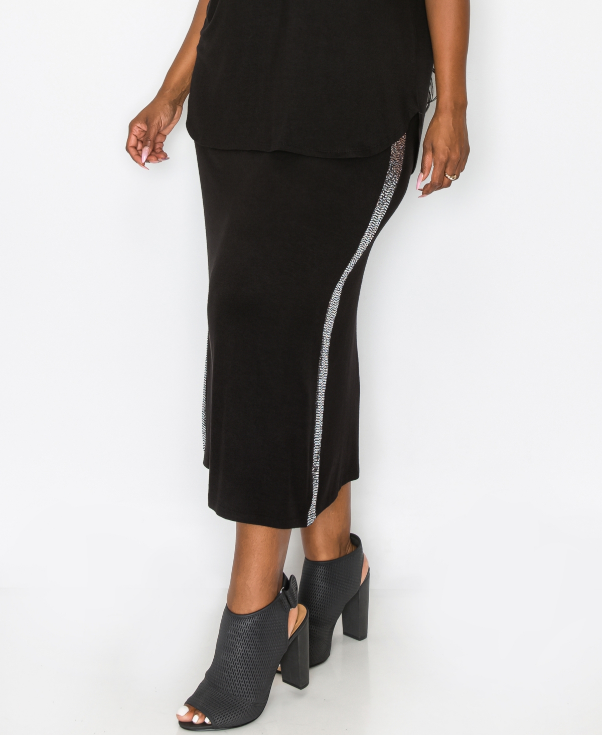 Coin 1804 Plus Size Sequin Side Contrast Fold Over Midi Skirt - Silver-Tone Black