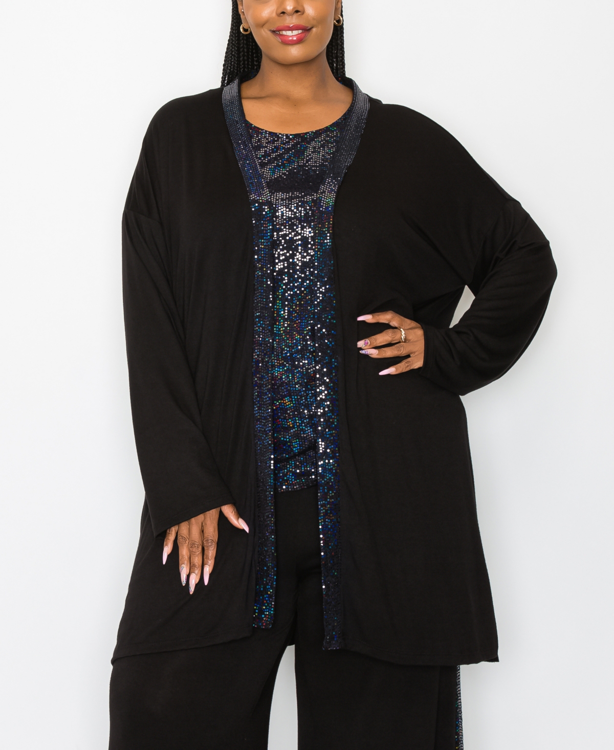 Plus Size Sequin Contrast Cardigan Sweater - Black Black