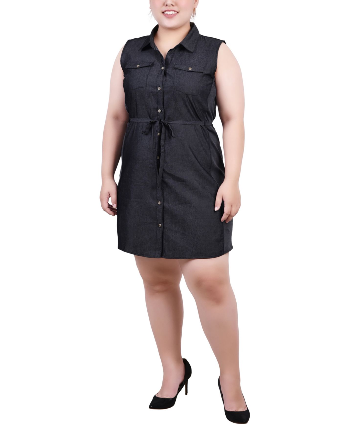 Женское платье NY Collection Plus Size Sleeveless Belted Chambray, цвет: Чёрный джинсовый — фото 1