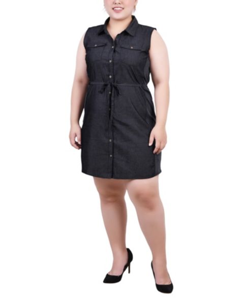 Женское платье NY Collection Plus Size Sleeveless Belted Chambray, цвет: Чёрный джинсовый