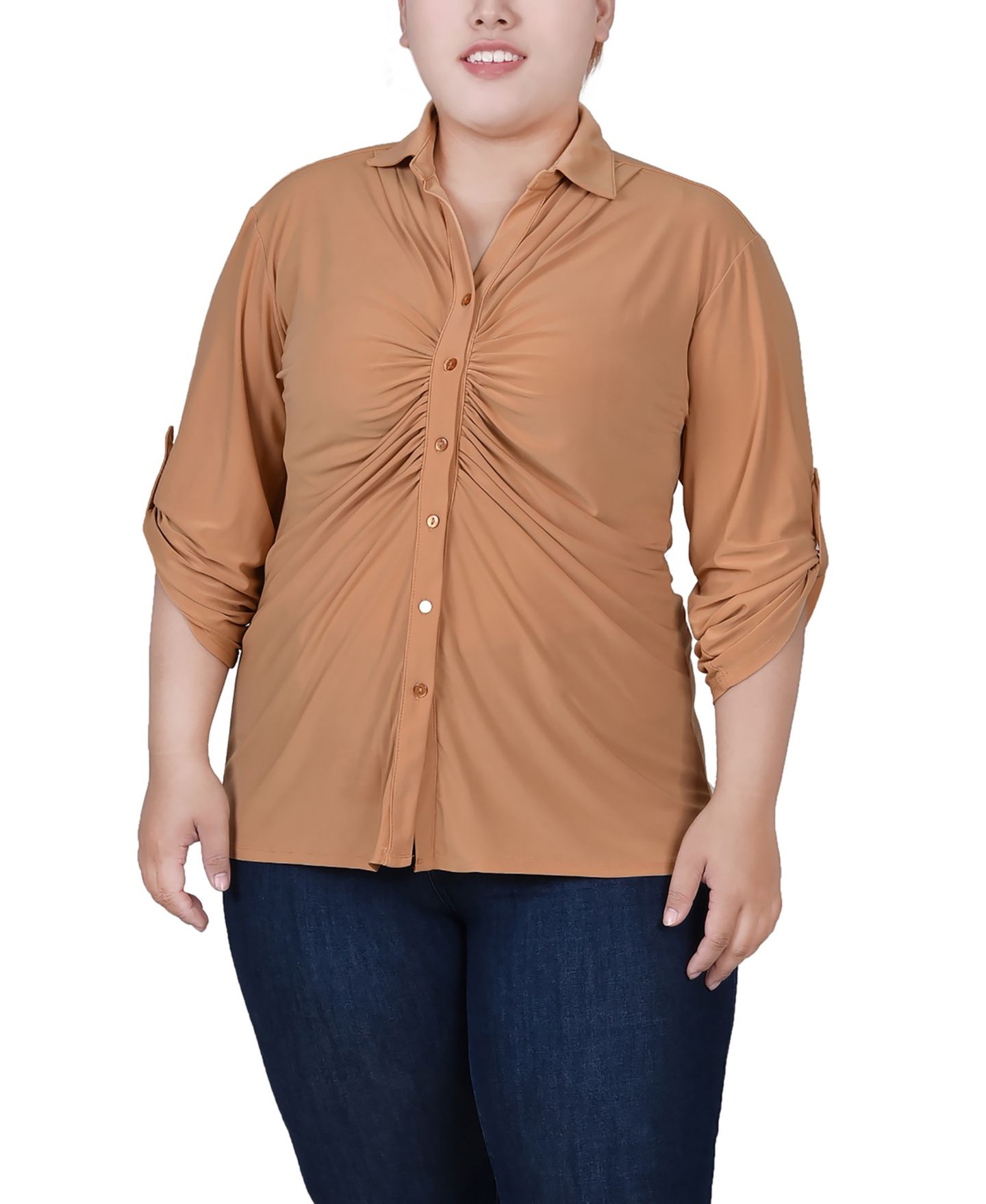 Женский топ NY Collection Plus Size 3/4 Roll Tab Rouched-Front, цвет: Кофейный — фото 1