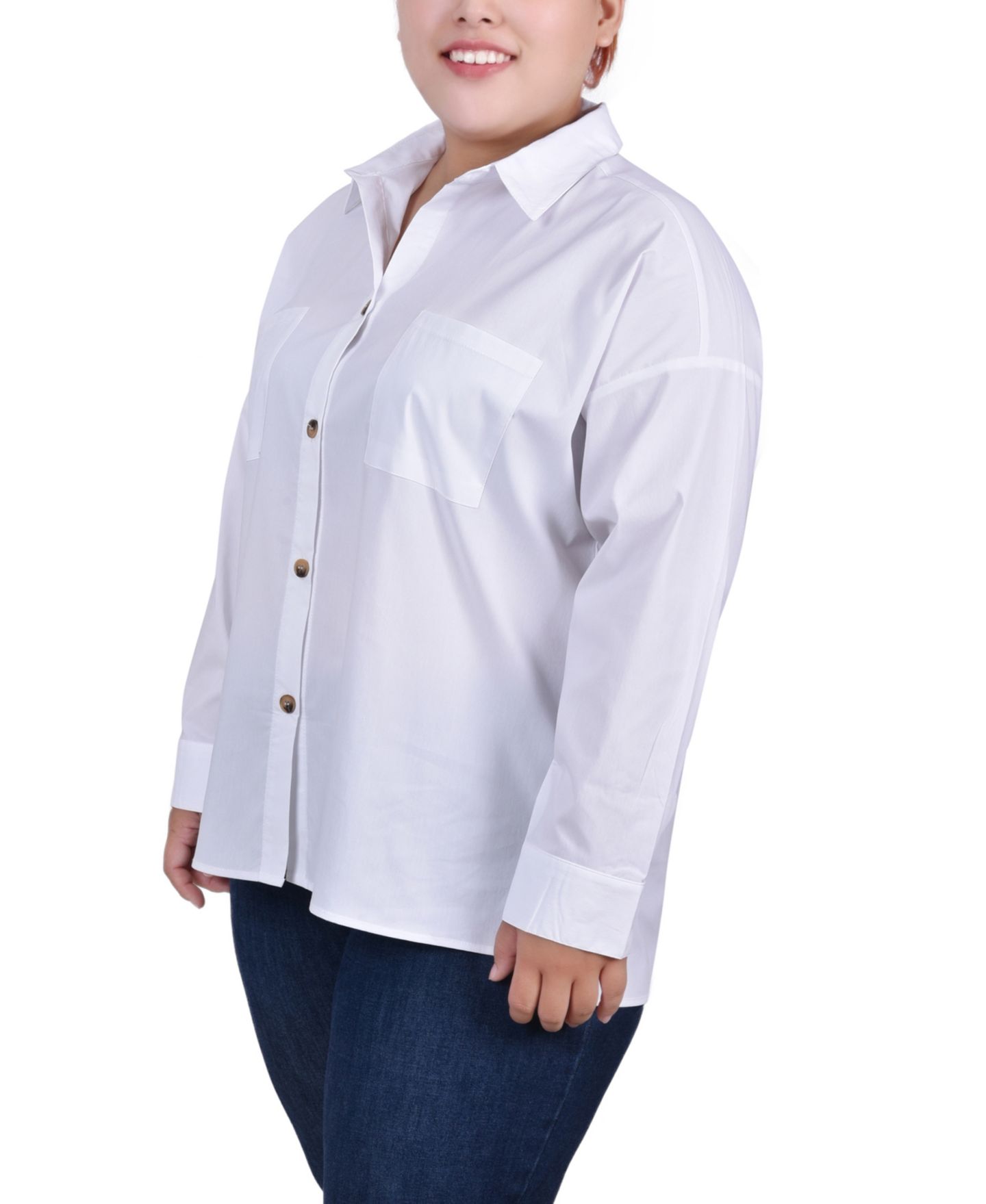 Женская блузка NY Collection Plus Size Long Sleeve with Chest Pockets, цвет: Белый — фото 3