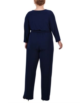 Plus Size 3/4 Sleeve Belted Jumpsuit