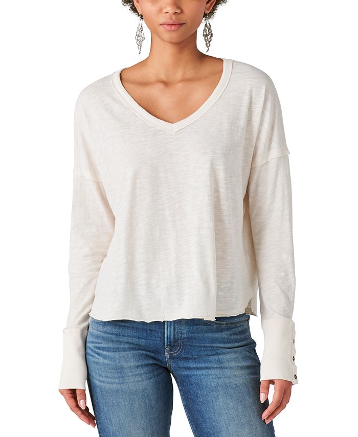 Lucky Brand womens Long Sleeve V Neck Tie Front Top Shirt