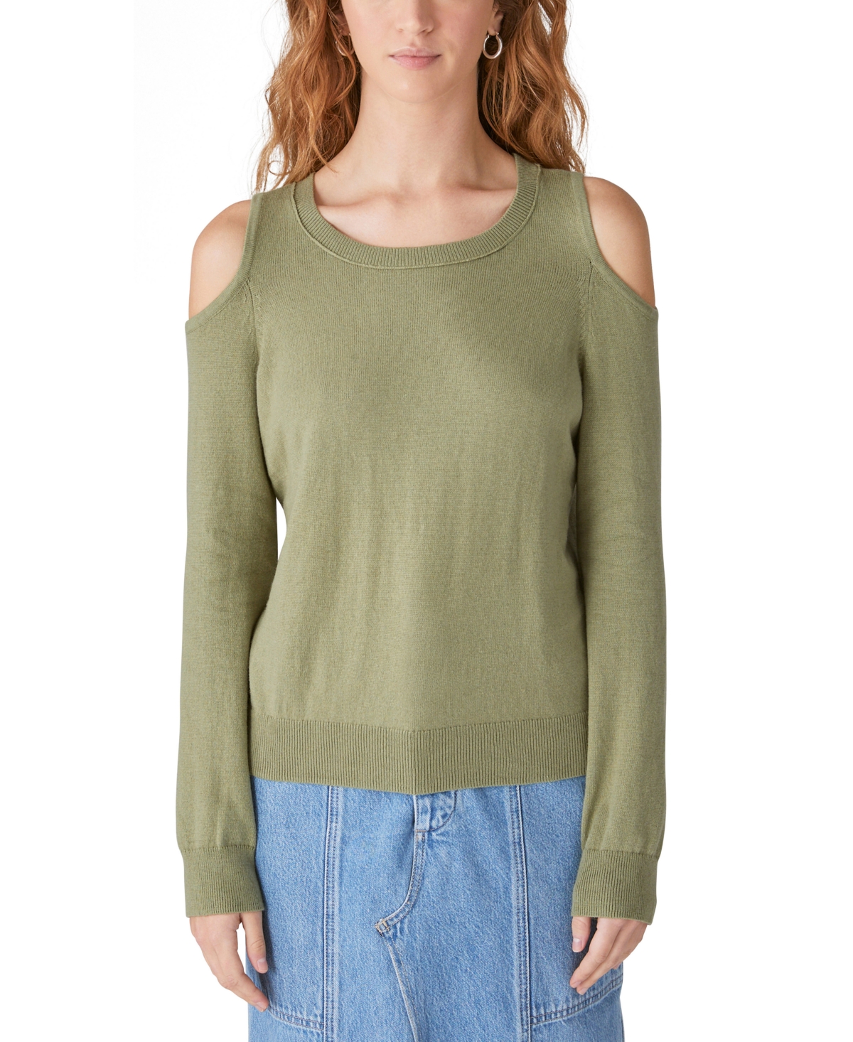 Shop Lucky Brand Women's Cold-shoulder Long-sleeve Sweater In Oil Green