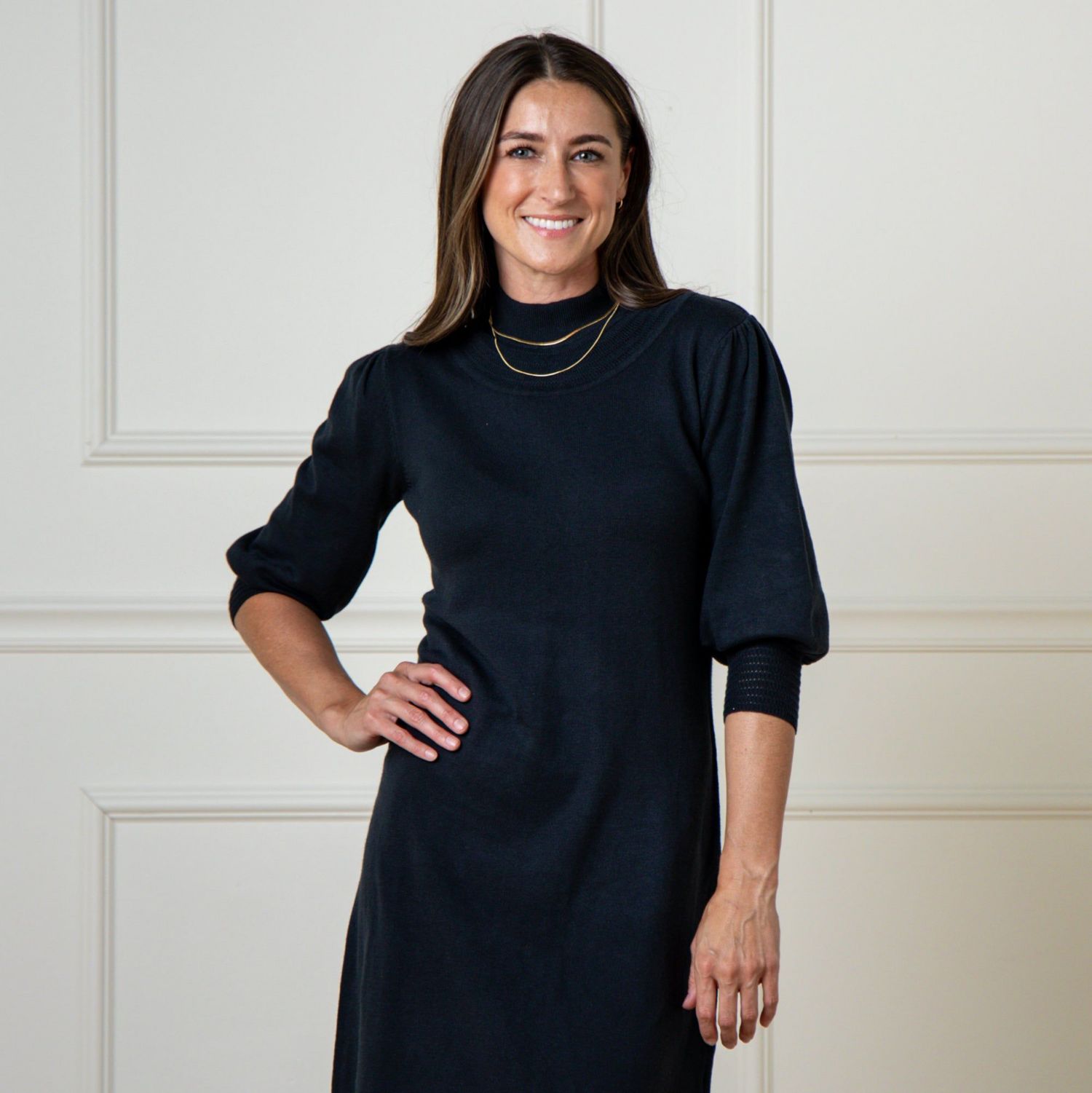 Women's Hope and Henry Long Puff Sleeve Mock Neck Sweater Dress