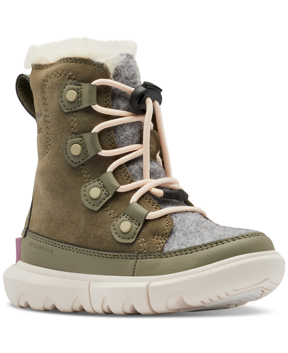 Size 12 Kid’s SOREL Kids' Explorer Waterproof Boot with Faux Fur Trim in Stone Green/White P at Nordstrom, 