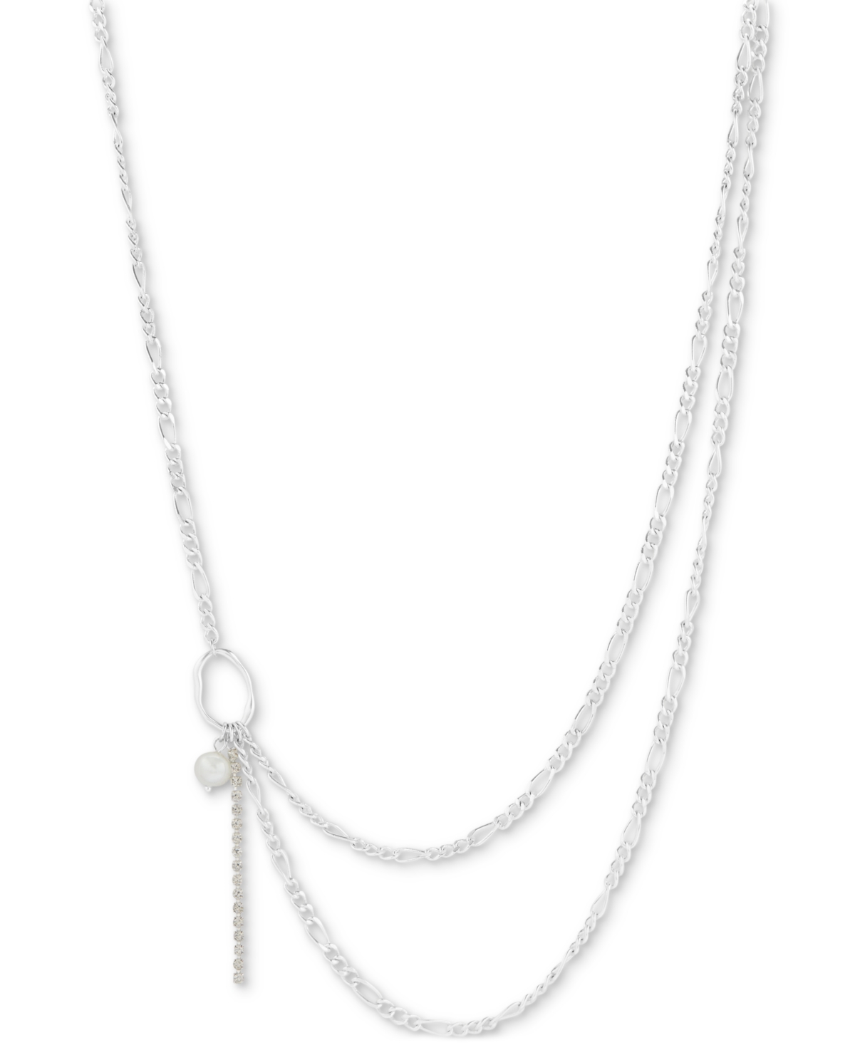 Lucky Brand Silver-tone Crystal Chain & Imitation Pearl Asymmetrical Statement Necklace, 17" + 2" Extender