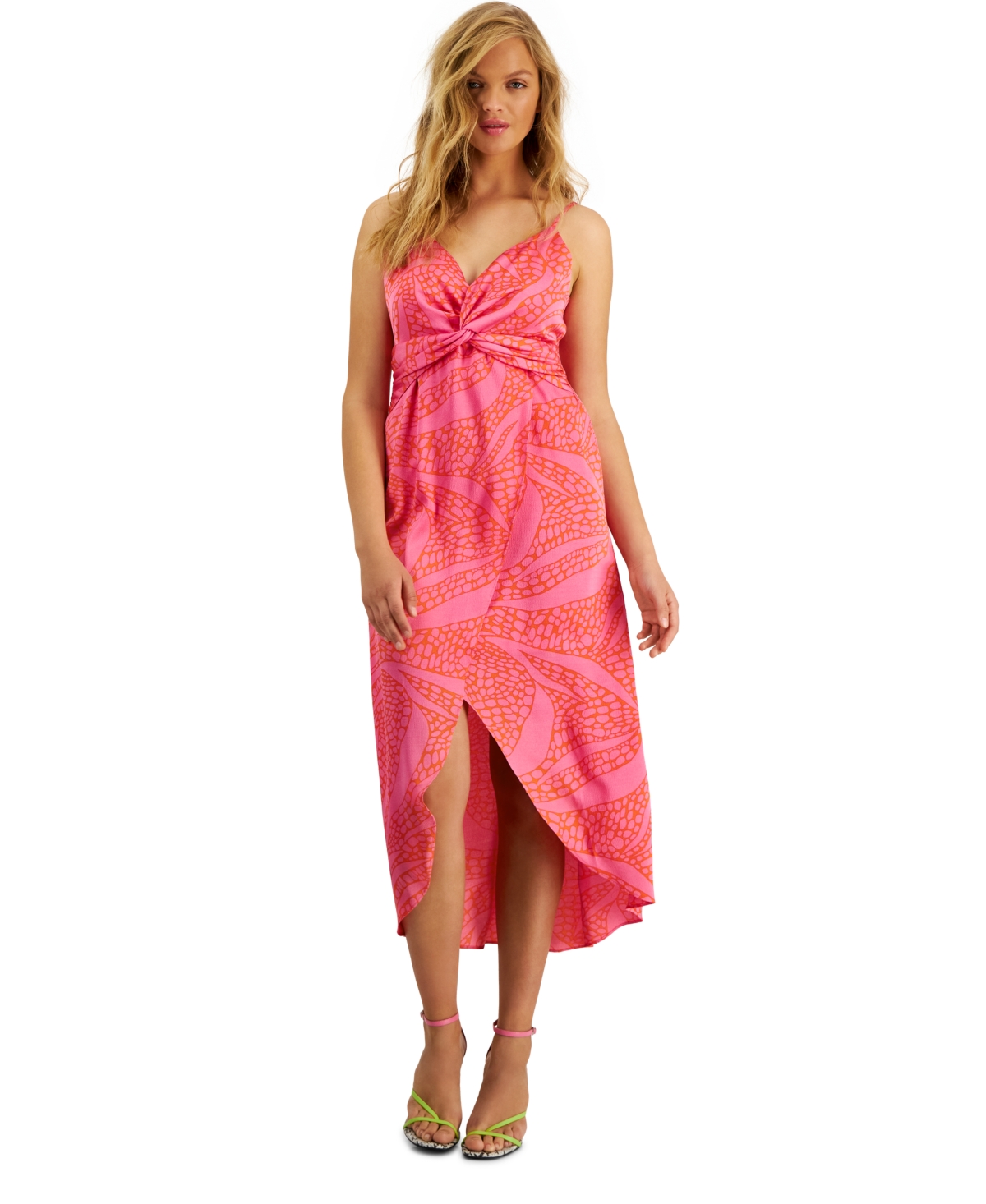 Bar Iii Women's Twist Detail Printed Faux Wrap Dress, Created For Macy's In Shocking Pink/cherry