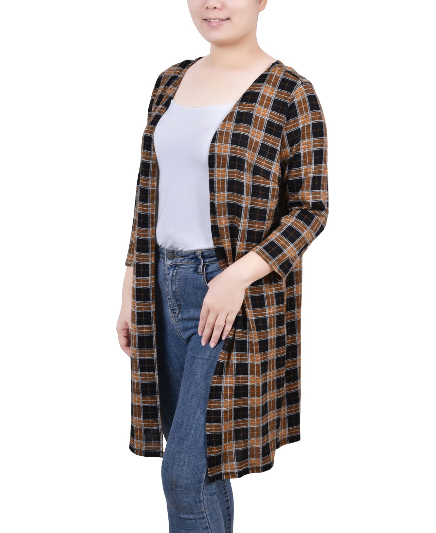 Женский кардиган NY Collection 3/4 Sleeve Knit, цвет: Золотой чёрный белый клетчатый — фото 3