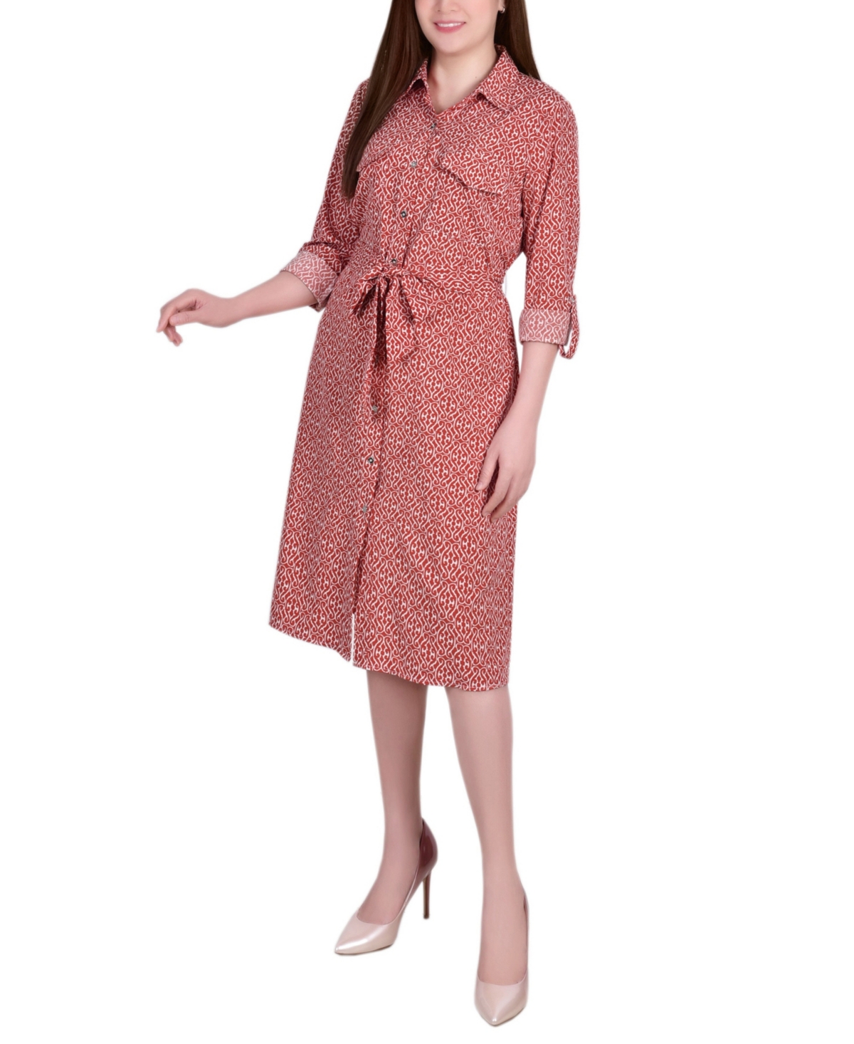 Ny Collection Women's 3/4 Sleeve Roll Tab Shirtdress With Belt In Bossa Nova