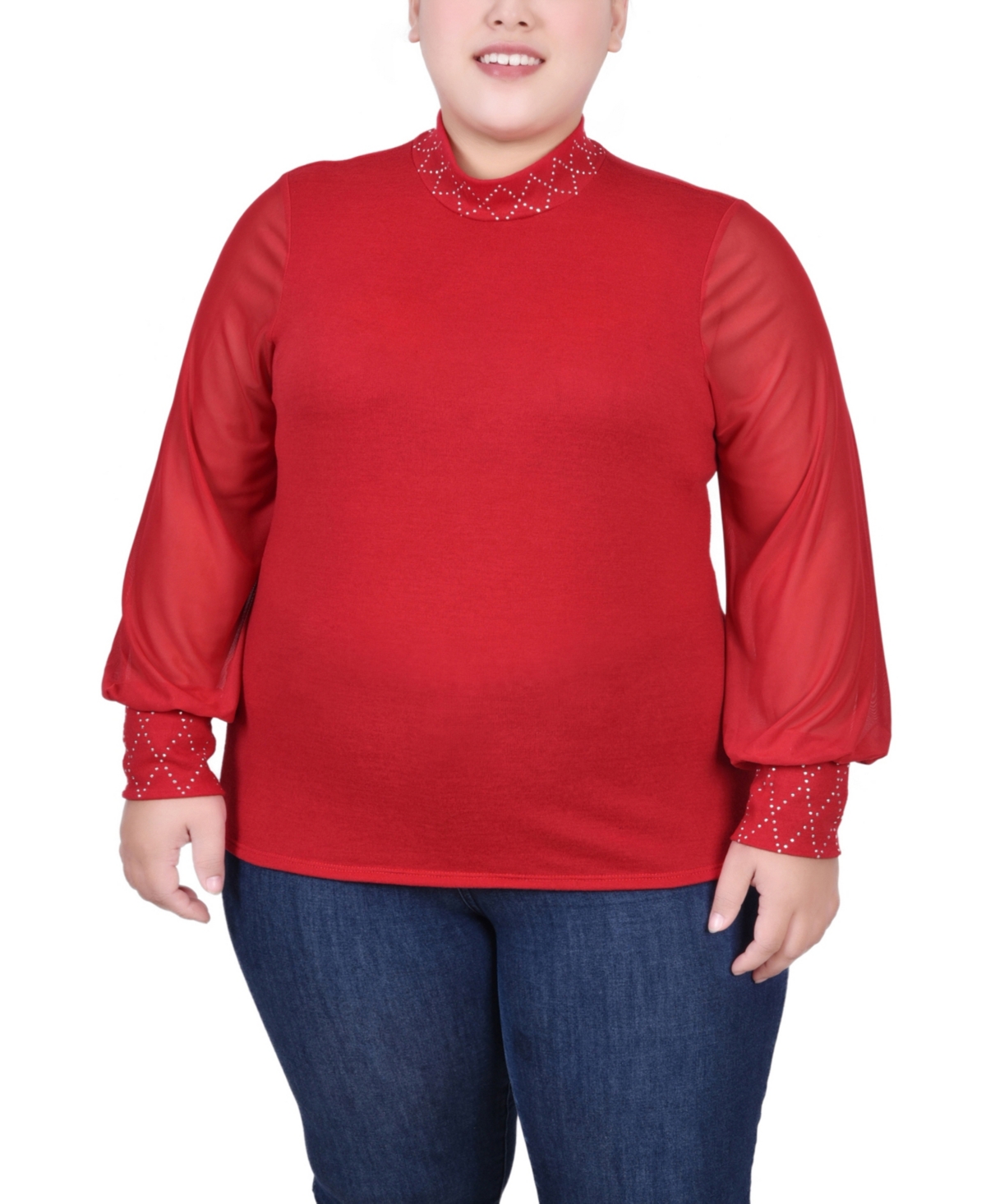 Ny Collection Plus Size Long Mesh Sleeve Pullover Top with Jewels