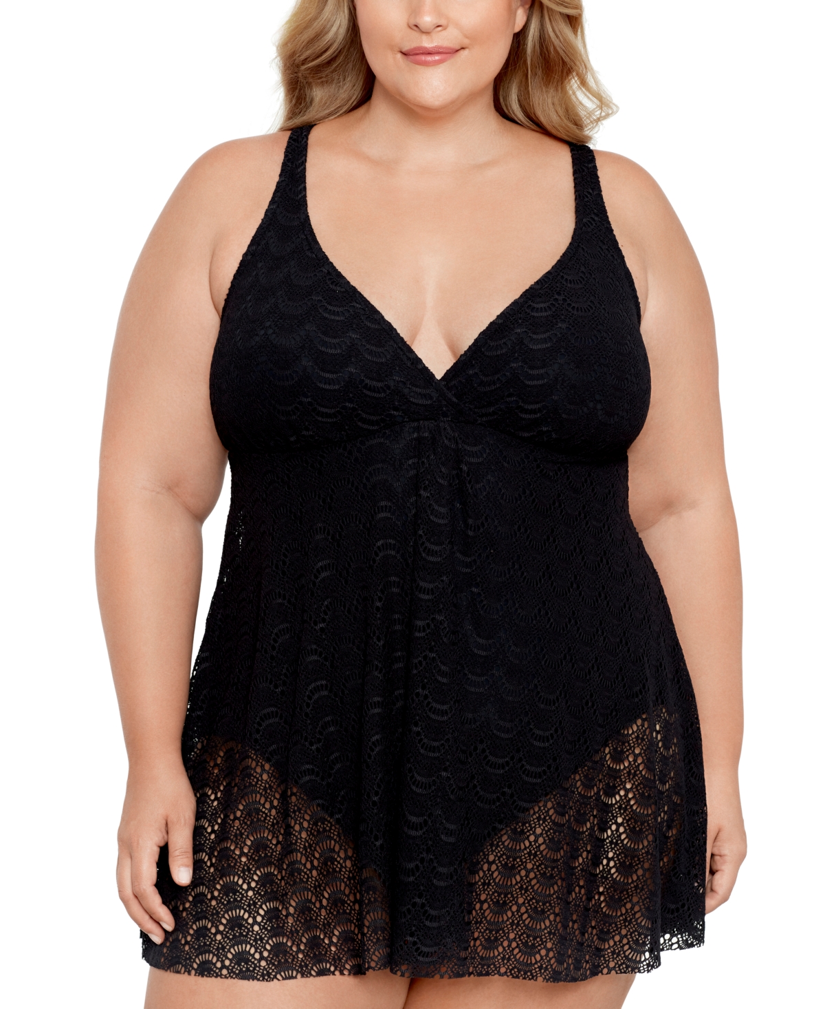 Plus Size Tummy Control Flyaway Lace Swimdress, Created for Macy's - Scallop Crochet