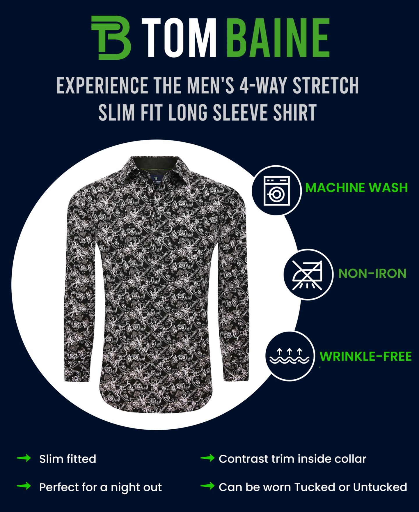 Мужская рубашка Tom Baine Slim Fit Performance Long Sleeve Geometric Button Down Dress Shirt, цвет: Чёрный — фото 7