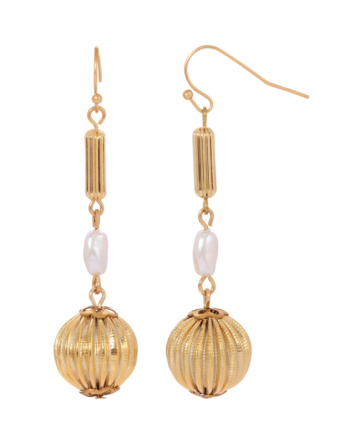 2028 Women's Gold-tone Round Fluted Bead With Rice Shaped White Imitation Pearl Earrings