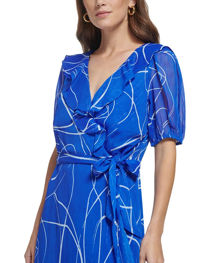 DKNY Women's Printed Metallic PuffSleeve FauxWrap Dress Macy's