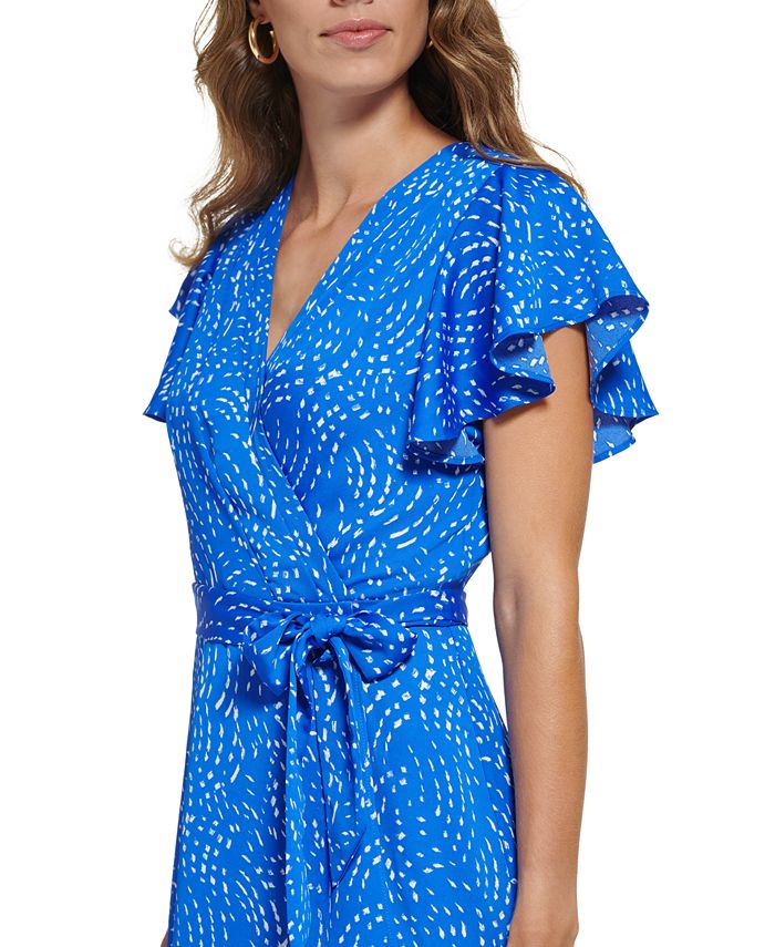 V-Neck Flutter Sleeve Ruffle Cotton Dress in Navy - Retro, Indie and