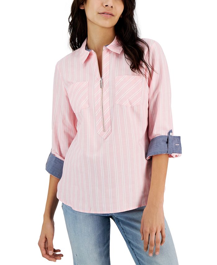 Compulsion bruger voldgrav Tommy Hilfiger Women's Striped Half-Zip Roll-Tab Shirt - Macy's