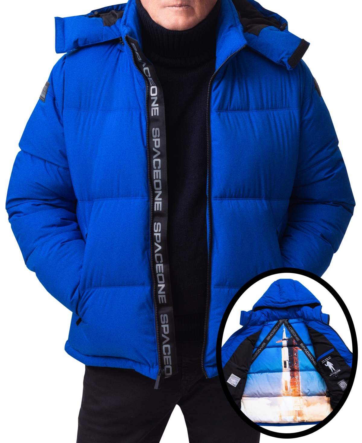 Space One Men's Nasa Inspired Hooded Puffer Jacket with Printed Astronaut Interior