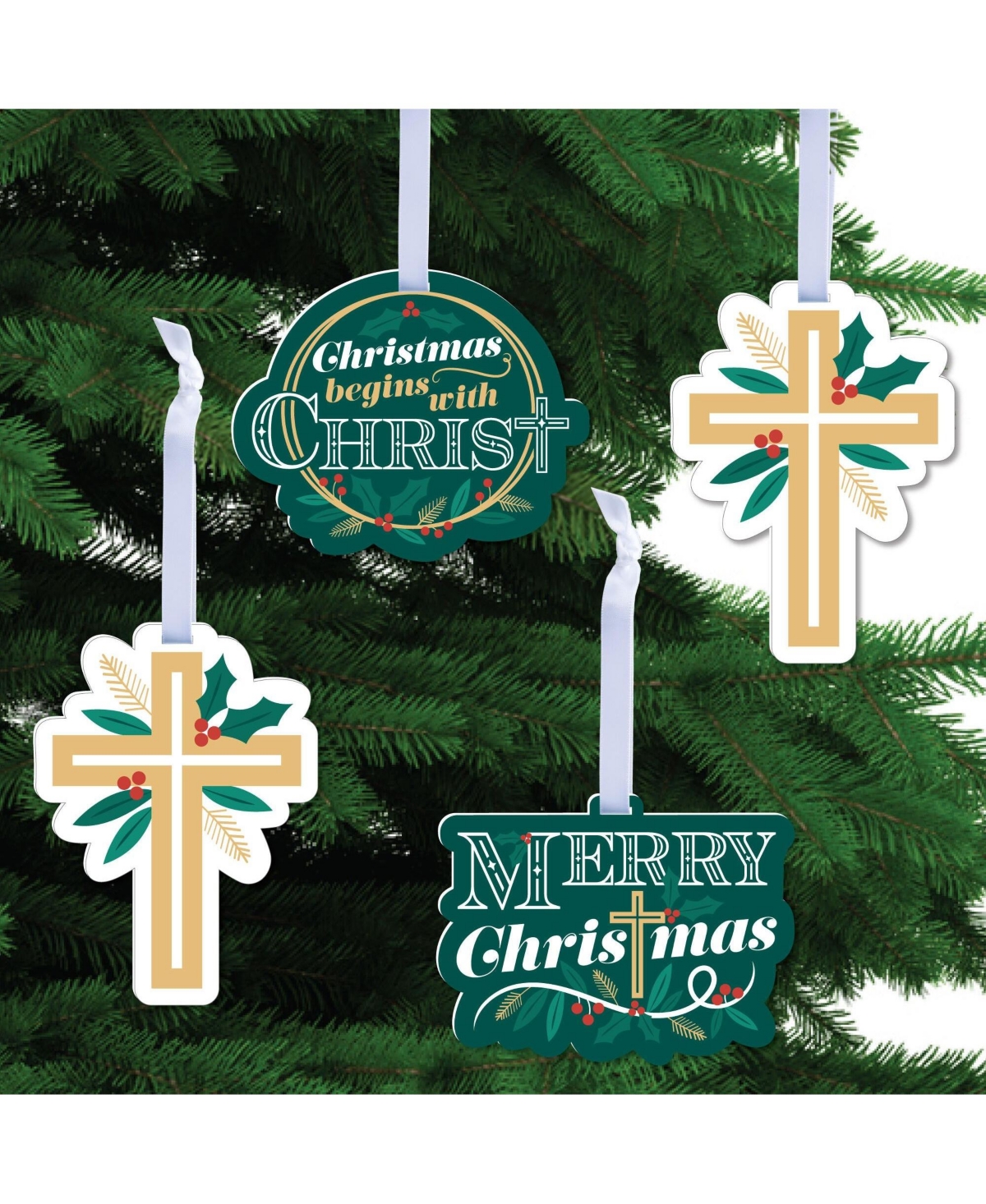 Religious Christmas - Merry Christmas Cross - Christmas Tree Ornaments - 12 Ct