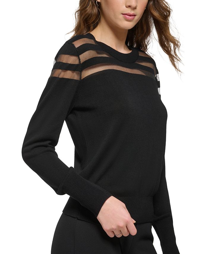 DKNY Women's Mesh Striped Yoke Crewneck Sweater & Reviews Sweaters