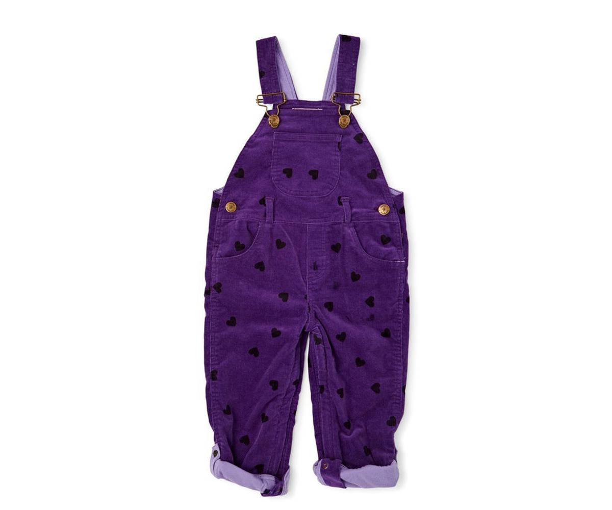 Dotty Dungarees Child Girl And Child Boy Heart Printed Overalls In Purple Black
