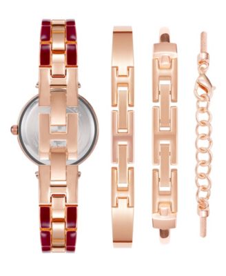 Women's Rose Gold-Tone Alloy Bracelet with Burgundy Enamel and Crystal Accents Fashion Watch 34mm Set 4 Pieces