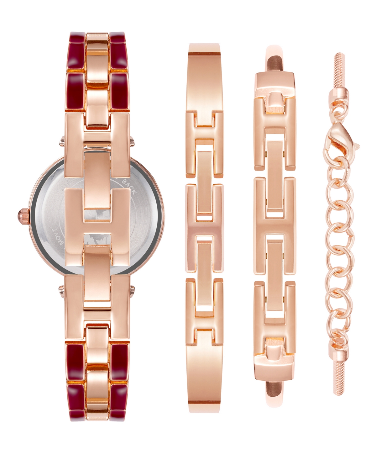 Shop Anne Klein Women's Rose Gold-tone Alloy Bracelet With Burgundy Enamel And Crystal Accents Fashion Watch 34mm Se In Rose Gold-tone,burgundy