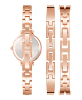 Women's Rose Gold-Tone and Black Alloy Bangle with Crystal Accents Fashion Watch 33mm Set 3 Pieces