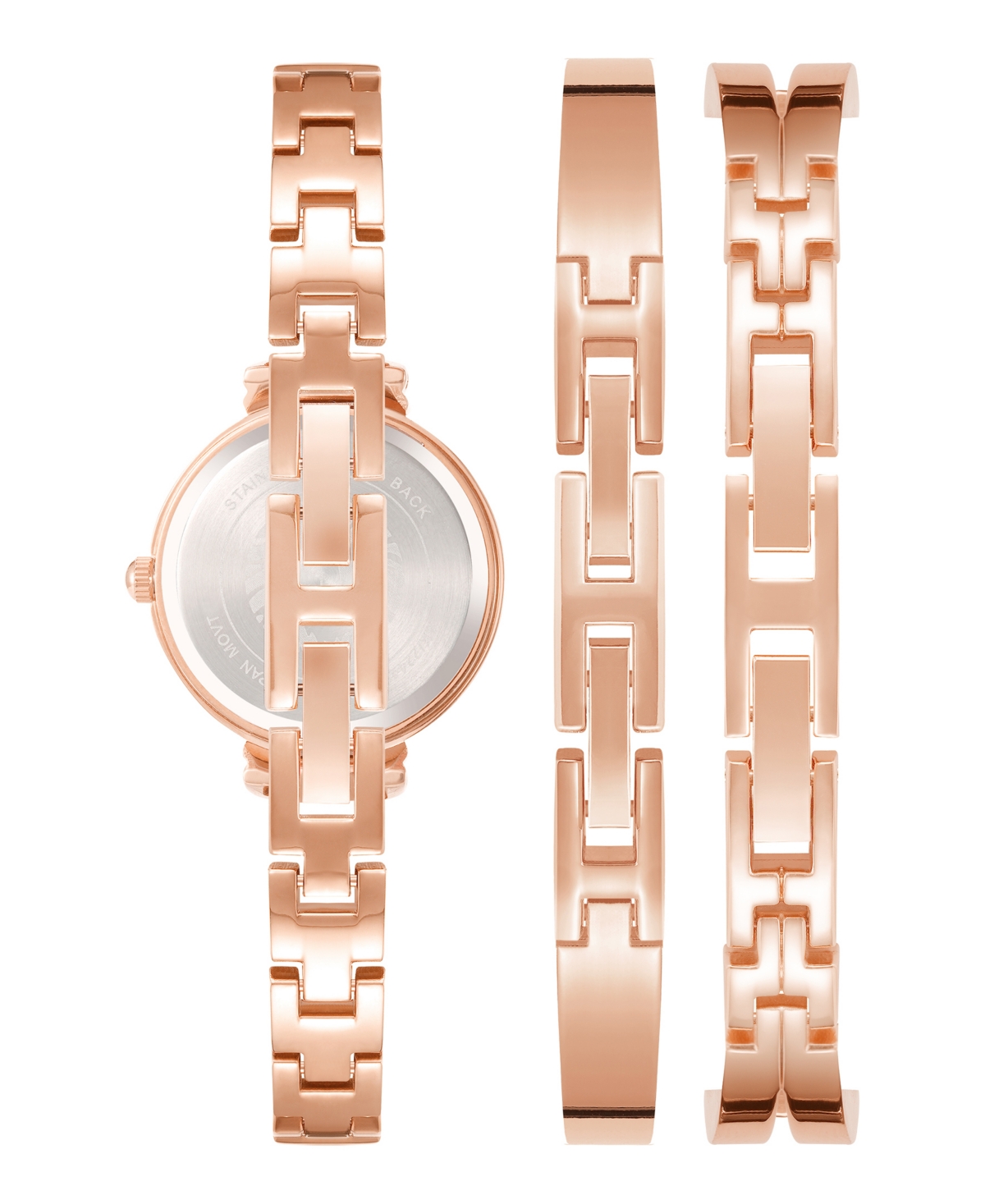 Shop Anne Klein Women's Rose Gold-tone And Black Alloy Bangle With Crystal Accents Fashion Watch 33mm Set 3 Pieces In Rose Gold-tone,black