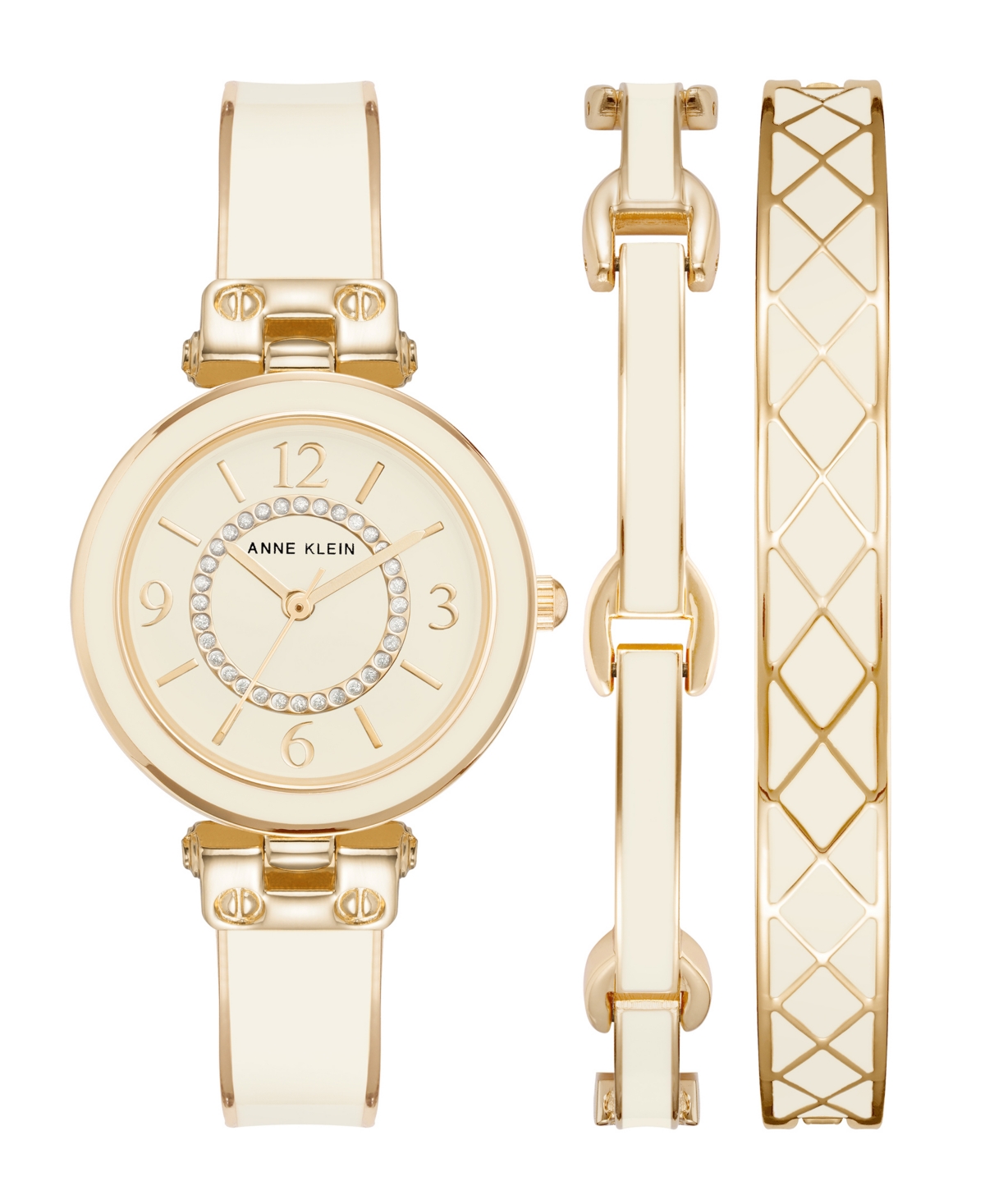 Anne Klein Women's Gold-tone Alloy Bangle With White Enamel And Crystal Accents Fashion Watch 33mm Set 3 Pieces In Gold-tone,white