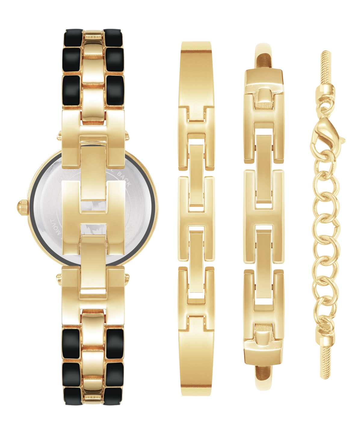 Anne Klein Women's Gold-tone Alloy Bracelet With Black Enamel And Crystal Accents Fashion Watch 34mm Set 4 Piec In Gold-tone,black