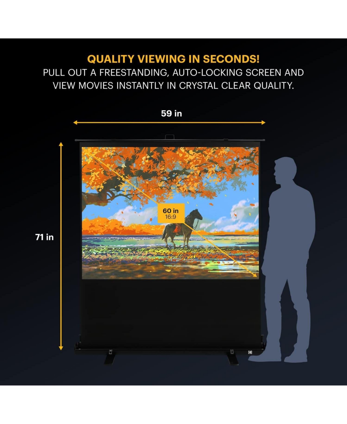 Kodak 60" Portable Projector Screen with Stand, 1080p, 4K/8K Uhd