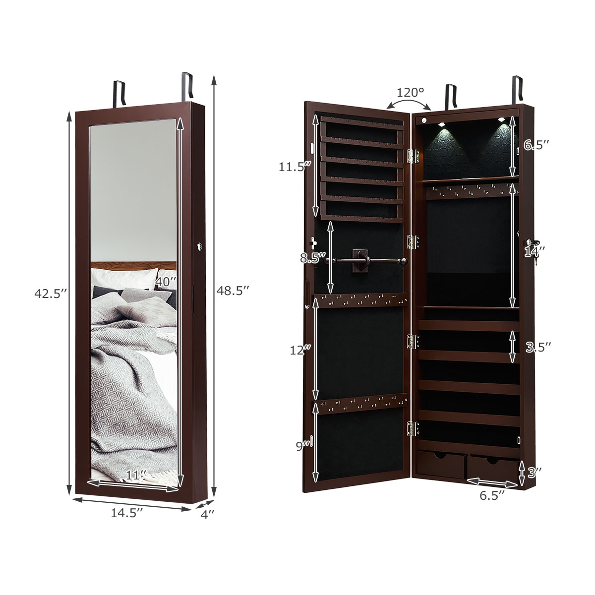 Wall Mount Mirrored Jewelry Cabinet Organizer Led Lights
