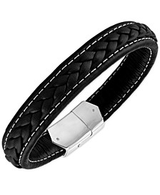 Woven Black Leather Bracelet in Sterling Silver, Created for Macy's
