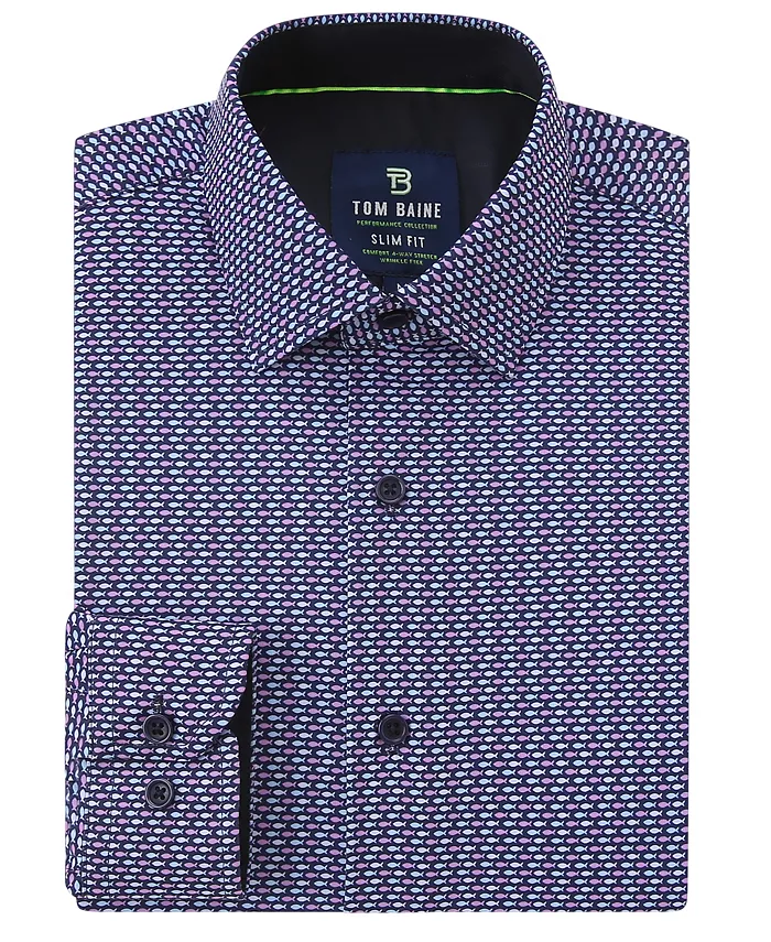 Men's Slim Fit Performance Long Sleeve Printed Dress Shirt