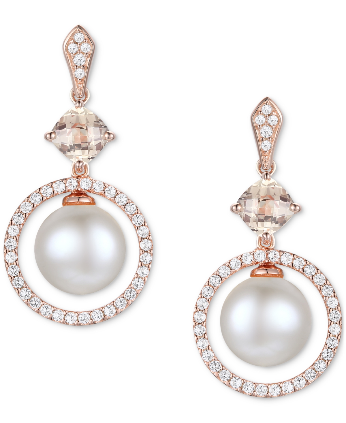 Cultured Freshwater Pearl (6-1/2mm), Morganite (5/8 ct. t.w.) & Diamond (1/3 ct. t.w.) Circle Drop Earrings in 10k- Rose Gold