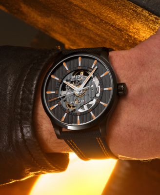 Men's Swiss Automatic Multifort Skeleton Vertigo Black and Orange Fabric Strap Watch 42mm