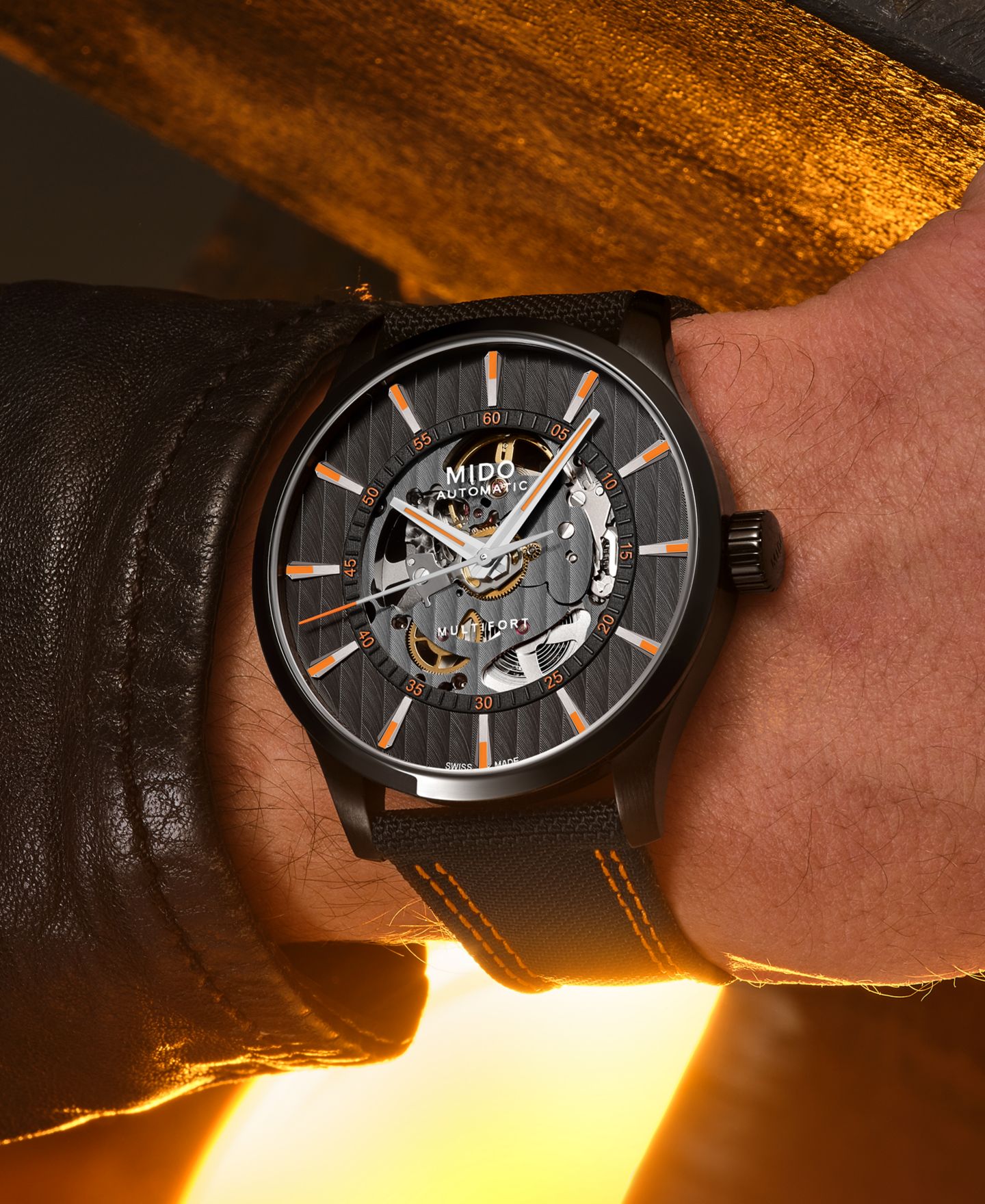 Мужские часы Mido Swiss Automatic Multifort Skeleton Vertigo Black and Orange Fabric Strap Watch 42mm — фото 8
