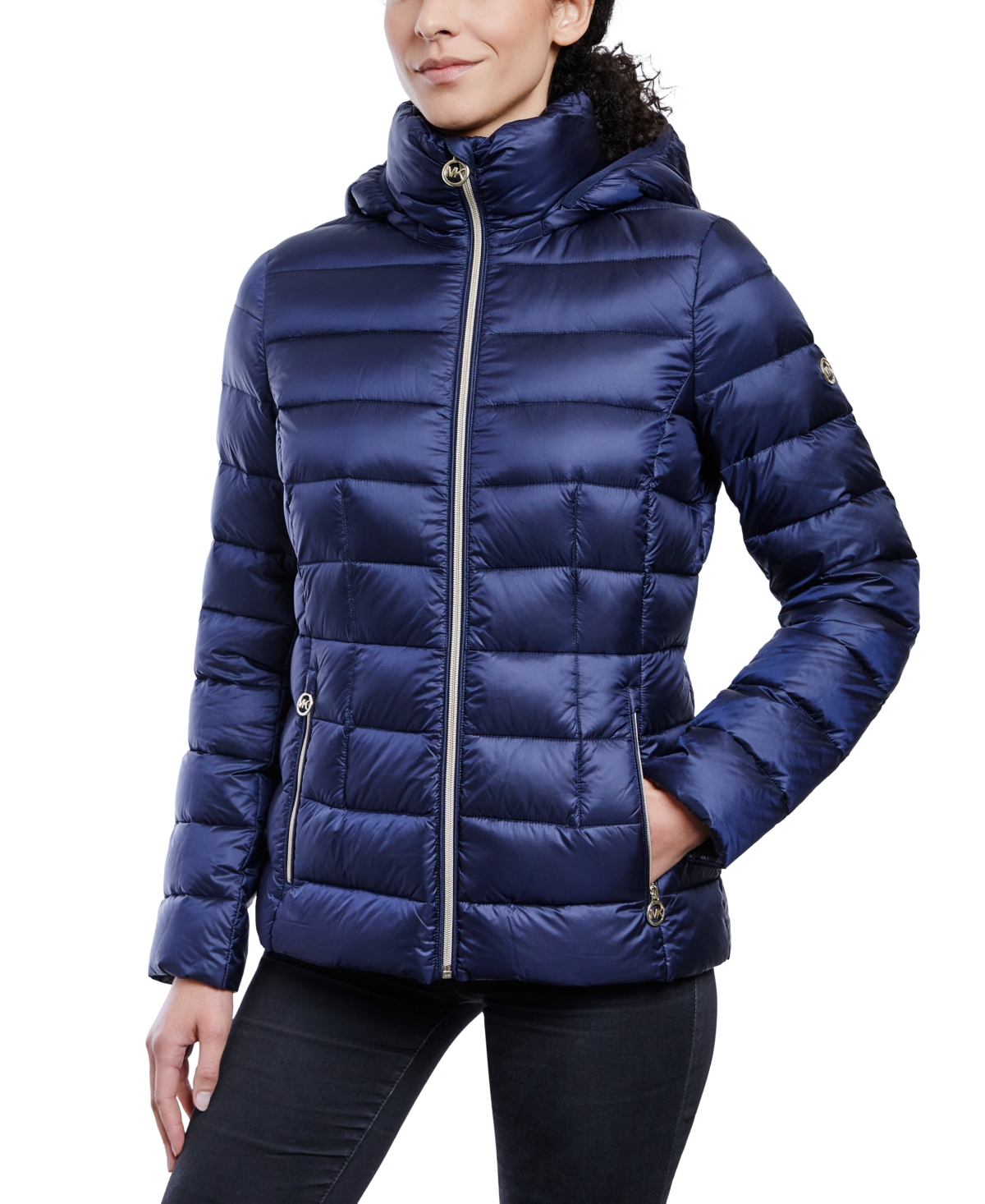 Michael Kors Michael Women s Hooded Packable Down Shine Puffer Coat Created For Macy s In Midnight Blue ModeSens