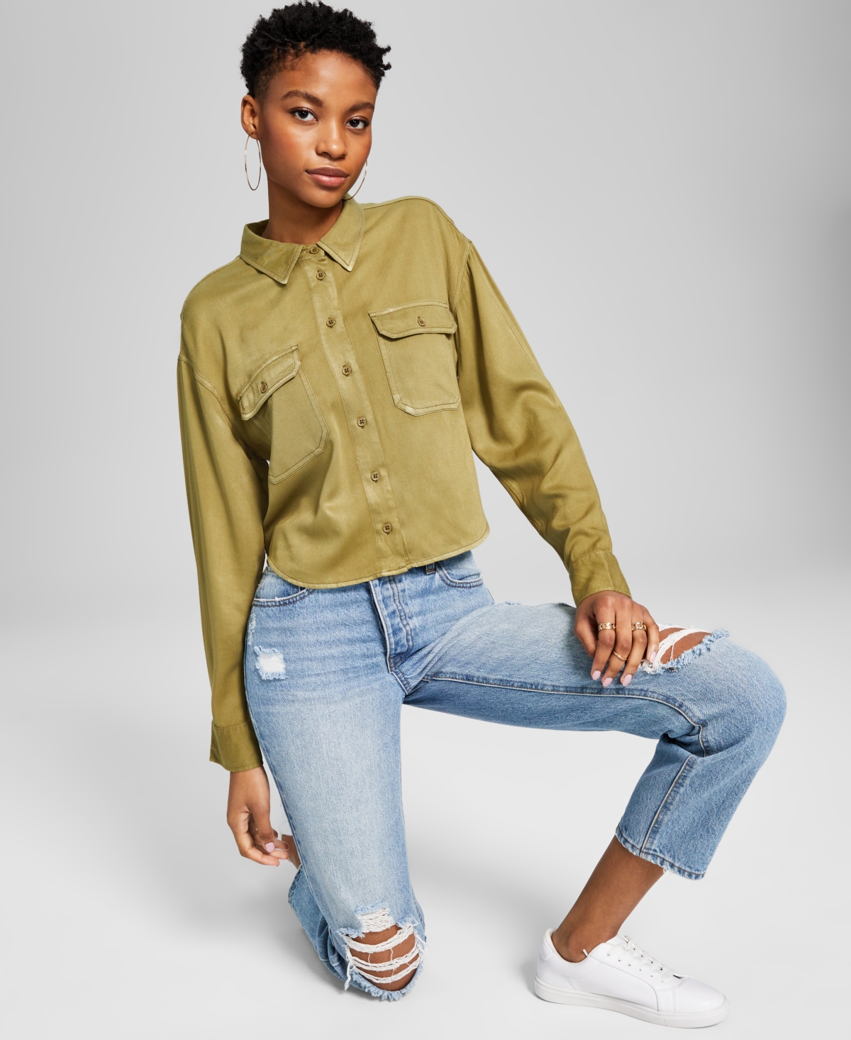 And Now This Women's Utility-pocket Button Down Shirt In Olive