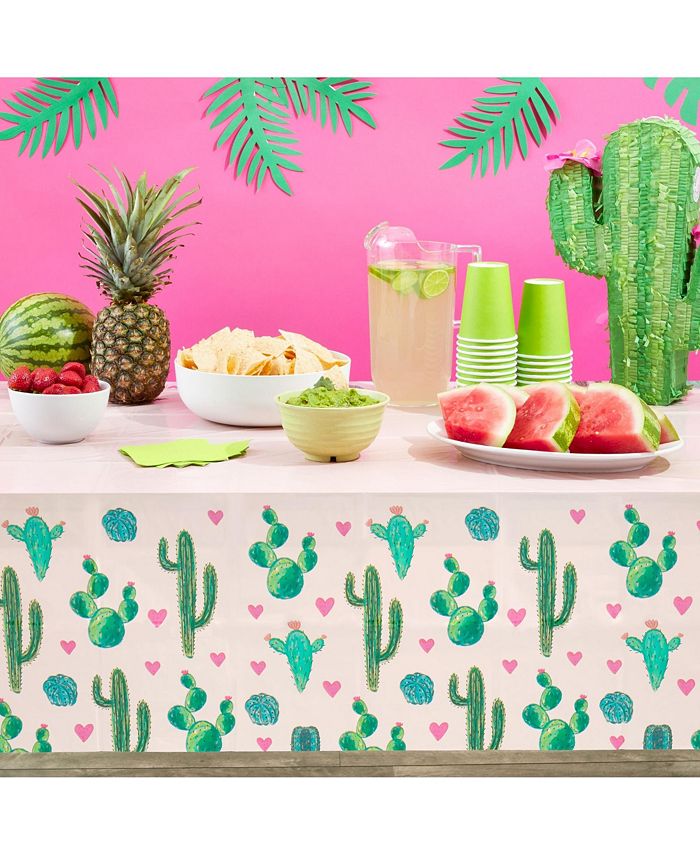 Sparkle and Bash 3 Pack Pink Plastic Cactus Tablecloth for Let's Fiesta