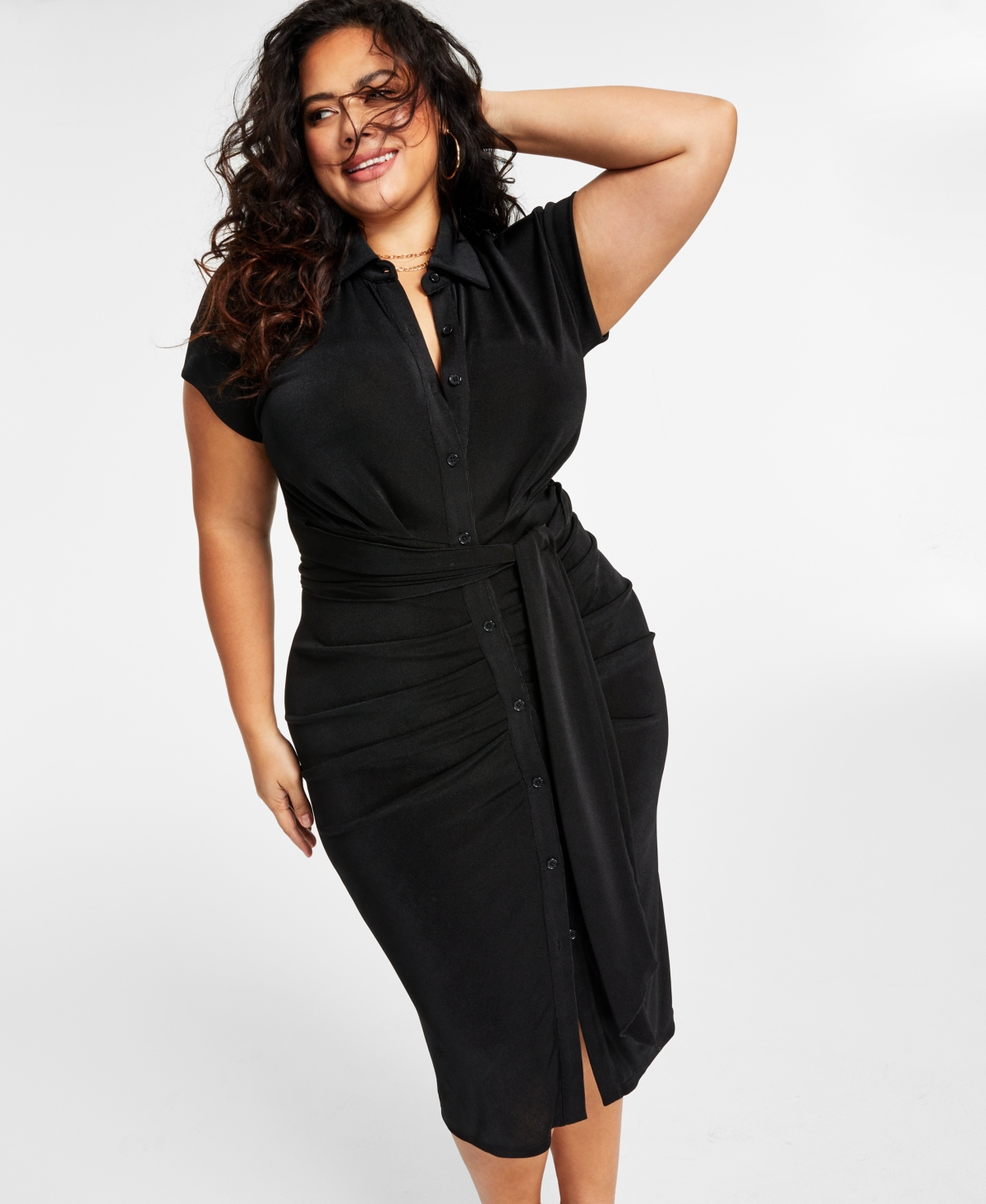 Shop Nina Parker Trendy Plus Size Tie-front Ruched Shirtdress In Black Beauty