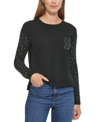 DKNY Jeans - Women's Studded Long Sleeve Patch-Pocket Sweater
