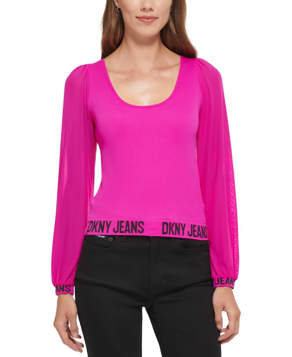 Dkny Jeans Women's Mesh-Sleeve Logo-Trim Scoop-Neck Top