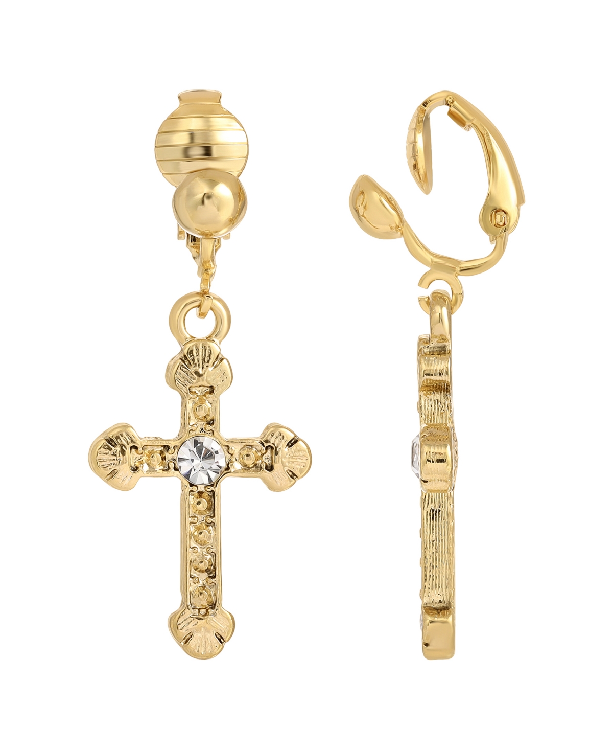 2028 Crystal Accent Cross Clip Earrings In Gold-tone