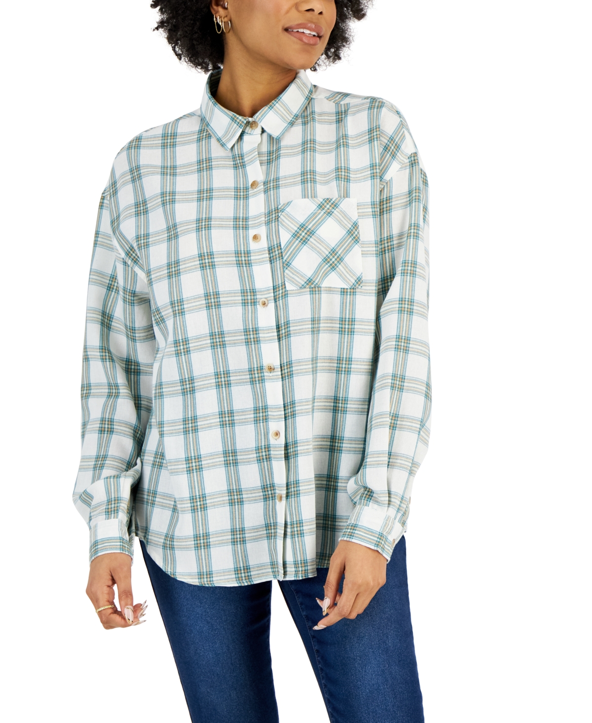 Just Polly Juniors' Plaid-Print Button-Front Long-Sleeve Shirt